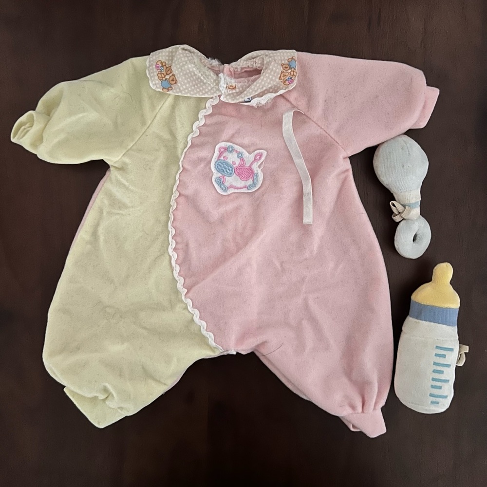 Build A Bear onesie, rattle and bottle